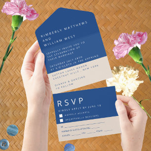 Invitation Tout En Un Marseille Bleu Mariage simple moderne RSVP