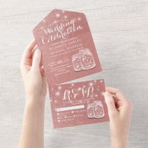 Invitation Tout En Un Mason Jar String Rose rose clair mariage or RSVP