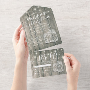 Invitation Tout En Un Mason Jars Éclairage à cordes Mariage rustique en 