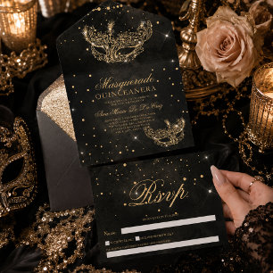 Invitation Tout En Un Masque de masquerade paillettes dorées quinceanera