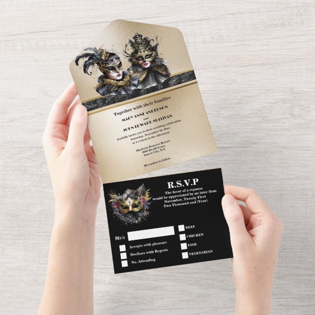 Invitation Tout En Un Masque faciale en or noir mariage élégant (Déchirure)