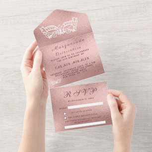 Invitation Tout En Un Masquerade Masque Rose or rose Parties scintillant