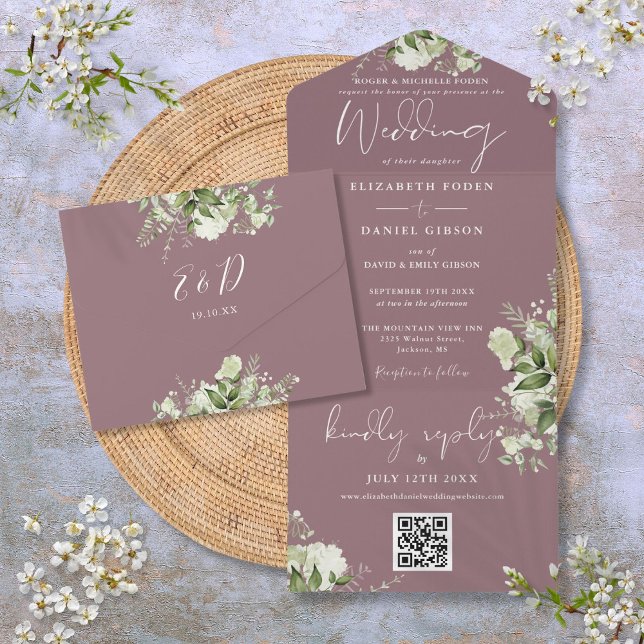 Invitation Tout En Un Mauve Greenery Code QR Mariage officiel (Mauve Greenery QR Code Formal Wedding All In One Invitation)