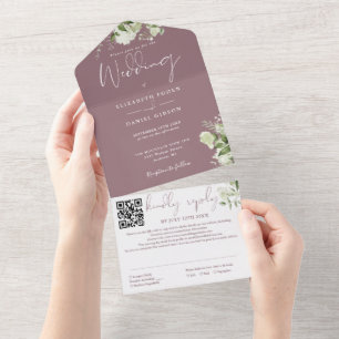 Invitation Tout En Un Mauve Greenery Monogram QR Code Mariage
