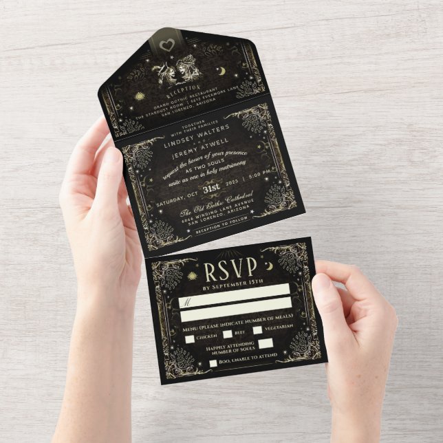 Invitation Tout En Un MENU Mariage Halloween Tarot "Avec" (Déchirure)