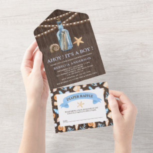 Invitation Tout En Un Message dans une Bouteille Bois Ancien Baby Shower