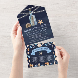Invitation Tout En Un Message vintage dans un Baby shower bleu marine
