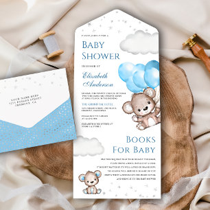 Invitation Tout En Un Mignon Ours en Peluche Ballons Bleus Baby Shower