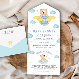 Invitation Tout En Un Mignon Ours en Peluche Garçon Avion Bleu Baby Show