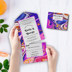 Invitation Tout En Un Minimal bleu Mauve Orange Galaxy Abstrait Mariage