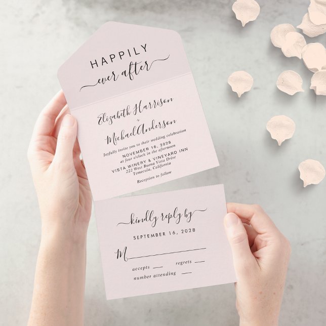 Invitation Tout En Un Minimal Joyeux Jamais Après Mariage Rose (Créateur téléchargé)