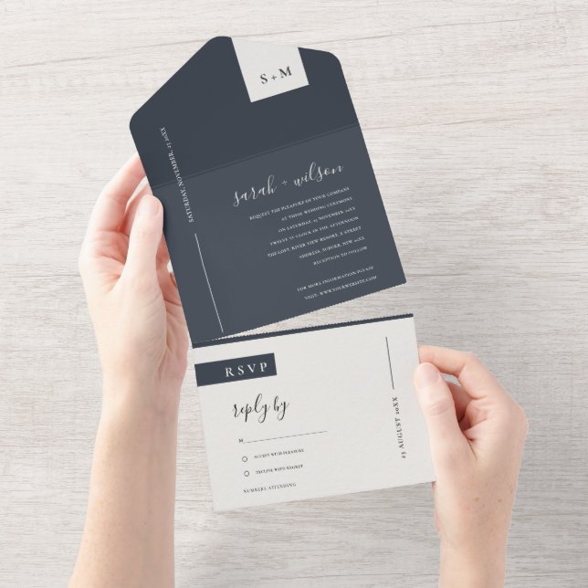 INVITATION TOUT EN UN MINIMAL SCANDI NOIR & MARIAGE DE MONOGRAMME BLANC  (Déchirure)