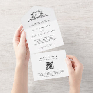 Invitation Tout En Un Minimalist Calligraphy Crest monogram QR Code