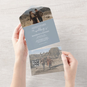 Invitation Tout En Un Minimaliste Dusty bleu QR Code RSVP Mariage