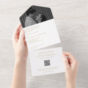 Invitation Tout En Un Minimaliste or QR Code photo Mariage moderne
