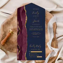 Invitation Tout En Un Modern Burgundy Gold Agate Navy Blue Wedding