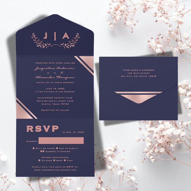 Invitation Tout En Un Modern Chic Navy Blue Wedding  (Modern Chic Navy Blue Wedding All In One Invitation)