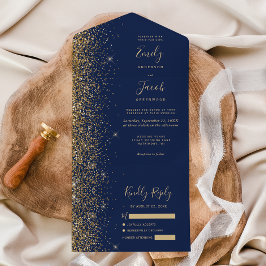 Invitation Tout En Un Modern Navy Blue Gold Glitter Wedding