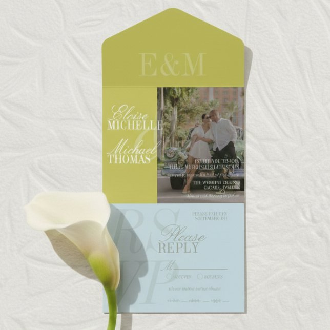 Invitation Tout En Un Modern Script Chartreuse and Blue Wedding (Modern Script Chartreuse and Blue Wedding All In One Invitation)