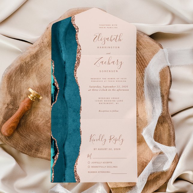 Invitation Tout En Un Modern Teal Blue Rose Gold Agate Blush Wedding (Créateur téléchargé)