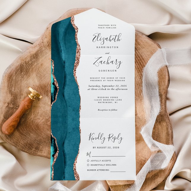 Invitation Tout En Un Modern Teal Blue Rose Gold Agate Wedding (Créateur téléchargé)