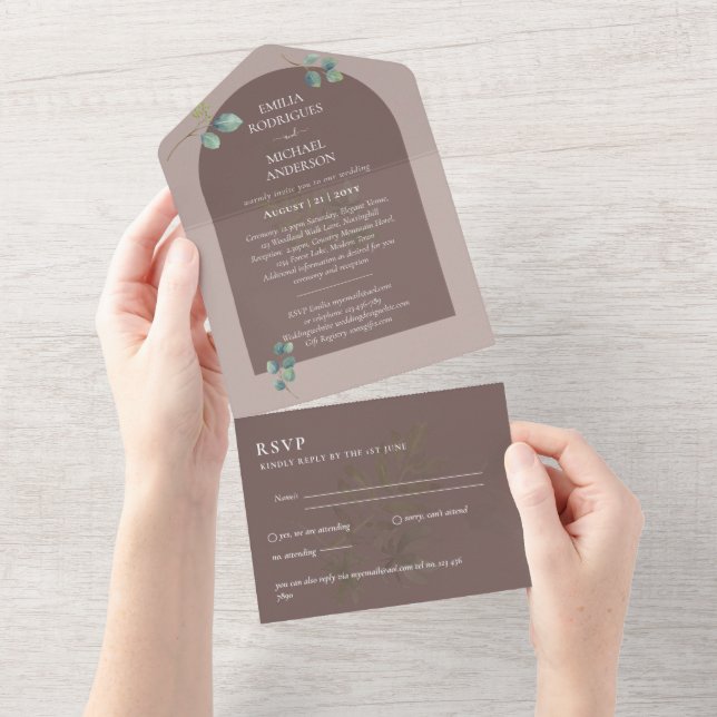 Invitation Tout En Un Moderne 3in1 Verdure Eucalyptus Mariage RSVP (Déchirure)