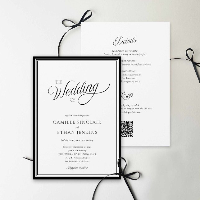 Invitation tout-en-un moderne avec QR code noir et (Modern Black and White QR Code Wedding Invite)