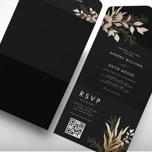 Invitation Tout En Un Moderne Black & Gold Greenery QR Code RSVP Mariage