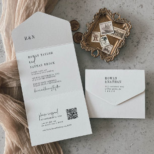 Invitation Tout En Un Moderne Chic noir et blanc QR Monogram Mariage