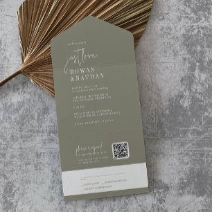 Invitation Tout En Un Moderne Chic Sage Green Just Love QR Code Mariage