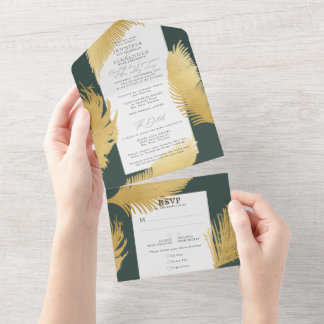 Invitation Tout En Un Moderne Chic Tropical Gold Palm Dark Green Mariage