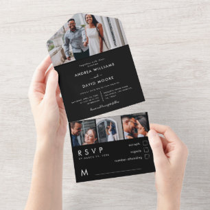 Invitation Tout En Un Moderne Elegant Multi 4 Photo Collage Mariage noir