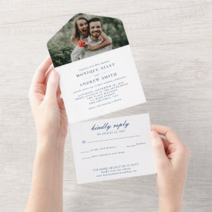 Invitation Tout En Un Moderne Élégant Photo Mariage Bleu Marine Script