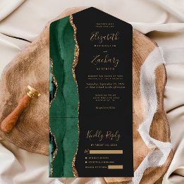 Invitation Tout En Un Moderne Emerald Green Or Agate Mariage foncé