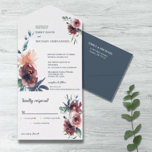 Invitation Tout En Un Moderne Floral Bourgogne Marine Peach Blush