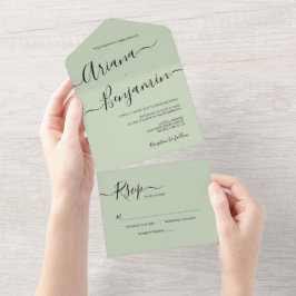Invitation Tout En Un Moderne Green Chic Mariage Élégant Nom Script