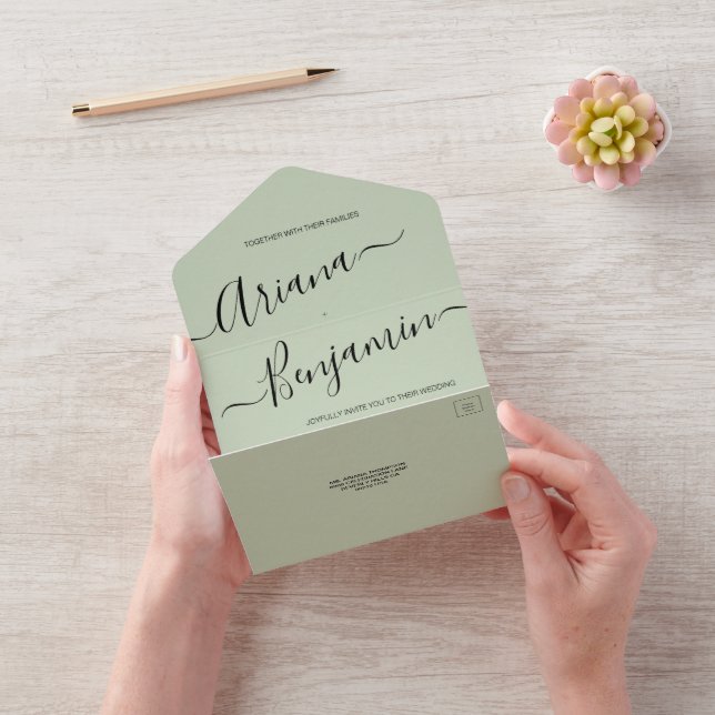 Invitation Tout En Un Moderne Green Chic Mariage Élégant Nom Script (Vidéo)