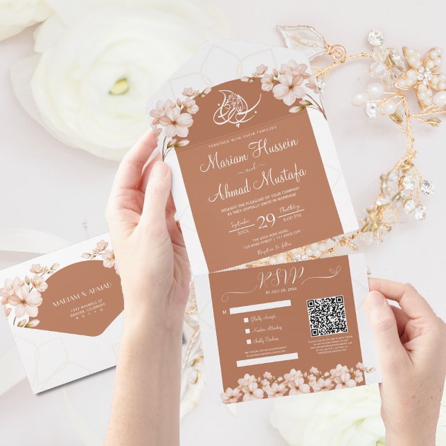Invitation Tout En Un Moderne islamique Boho Terracotta Floral Nikah Wal (Créateur téléchargé)