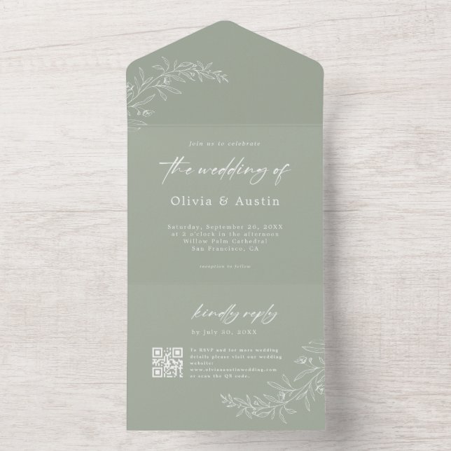 Invitation Tout En Un Moderne minimaliste Boho Sage vert QR Code Mariage (À l'intérieur)