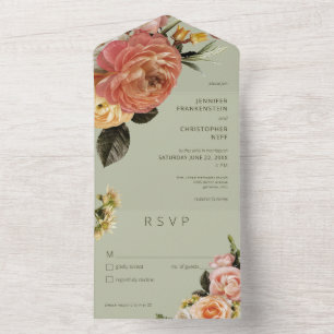 Invitation Tout En Un Moderne Pêche Mimosa Floral Vert