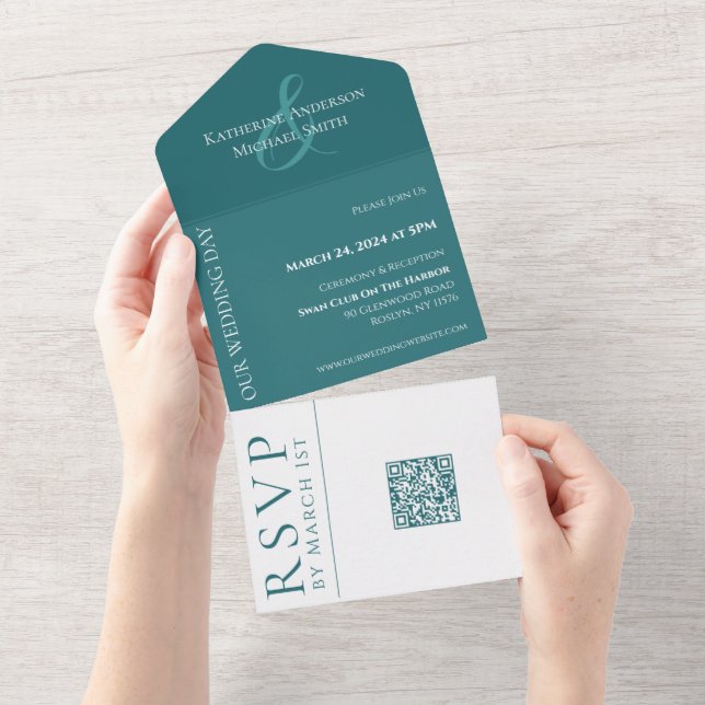 Invitation Tout En Un Moderne Simple Emerald Green Mariage-QR code- (Déchirure)
