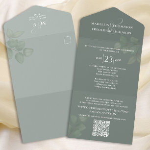 Invitation Tout En Un Moderne Simple Minimaliste Sage Vert QR Code RSV