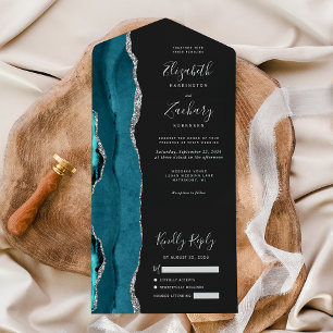 Invitation Tout En Un Moderne Turquoise Argent Agate Mariage foncé