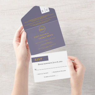 Invitation Tout En Un Moins Rétro violet or Monogramme Classy Mariage
