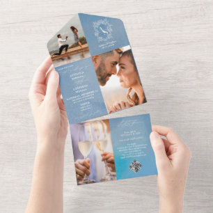 Invitation Tout En Un Monogram Crest 3 Photo QR Code Dusty Blue Mariage