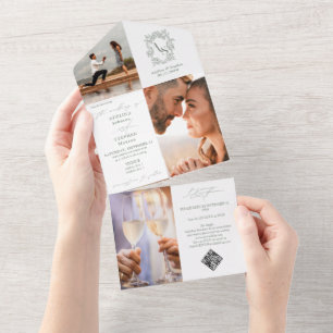Invitation Tout En Un Monogram Crest 3 Photo QR Code Sage Green Mariage