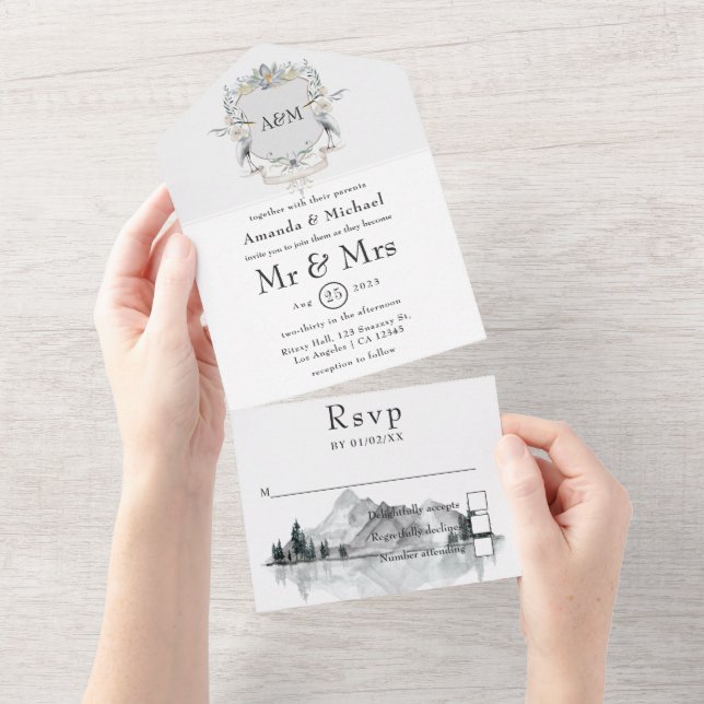 Invitation Tout En Un Monogram Crest Mariage Lakeside (Déchirure)