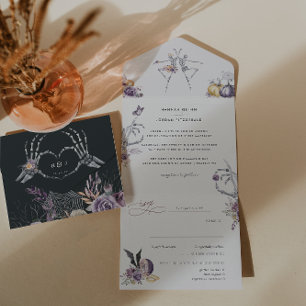 Invitation Tout En Un Monogram   Floral de squelette de mariage Hallowee
