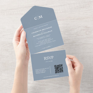 Invitation Tout En Un Monogramme bleu Dusty moderne Code QR Mariage RSVP