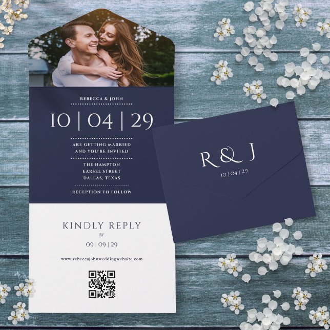 Invitation Tout En Un Monogramme bleu marine Code QR Mariage photo Date (Navy Blue Monogram QR Code Photo Wedding Date All In One Invitation)